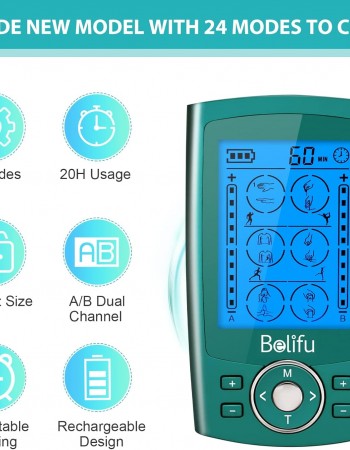 Belifu Dual Channel TENS EMS Unit 24 Modes Muscle Stimulator for Pain Relief Therapy, Electronic Pulse Massager Muscle Massager with 10 Pads, Dust-Proof Drawstring Storage Bag, Fastening Cable Ties